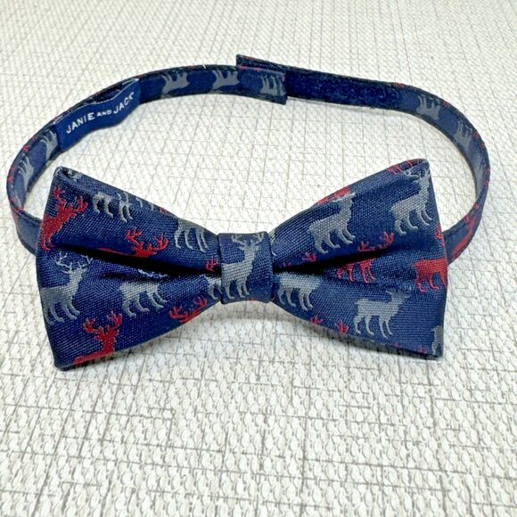 JANIE AND JACK Navy Bow Tie Hook&Loop Red Grey/Silver Christmas Deer NWOT - Picture 1 of 3